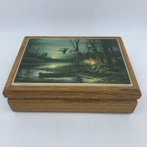 Vtg Wooden Trinket Jewelry Box Terry Redlin Evening Glow Camping Canadian Geese